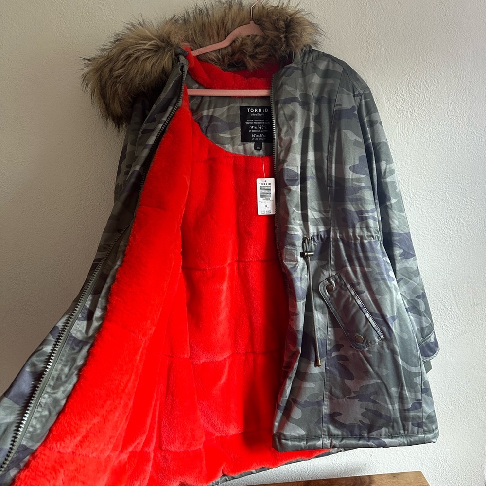 TORRID Parka Camo with Soft Bright Orange faux fur